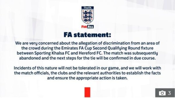 配资炒股新手入门 英媒：足总杯第二轮一场资格赛因种族歧视中断，两名球迷被禁赛